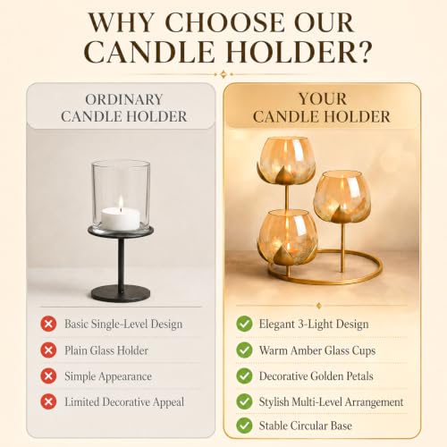 Image of MARKET 99 Metal + Glass 3 Votive Lotus T-Light Holder | Golden Decorative Candle Stand for Christmas, Diwali, Birthday & Wedding | Elegant Home Decor Tealight Holder for Festive Gifting