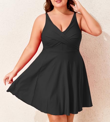 Smismivo Plus Size One Piece Swimsuit for Women Tummy Control Swim Dress Full Coverage Curvy Bathing Suit V Neck Swimwear4