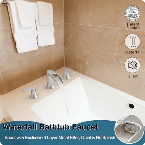 Hoigy HYBTF-01-N Brushed Nickel Tub Faucet Set 3 Hole, Brass Deck Mount Waterfall Bathtub Faucet Set thumb #1