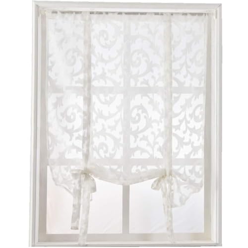 NAPEARL Tie Up Curtains, Jacquard Balloon Curtains for Kitchen Window, Ajustable Rod Pocket Sheer Curtain Valance for Bathroom Small Window, 1 Panel (55W x 63L, White)