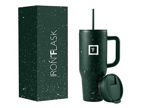 IRON FLASK Co-Pilot 40 oz Insulated Tumbler w/ Straw & Flip Cap Lids - Cup Holder Bottle for Hot, Cold Drink - Leak-Proof - Water, Coffee Portable Travel Mug - Valentines Day Gifts - Dark Pine Speckle