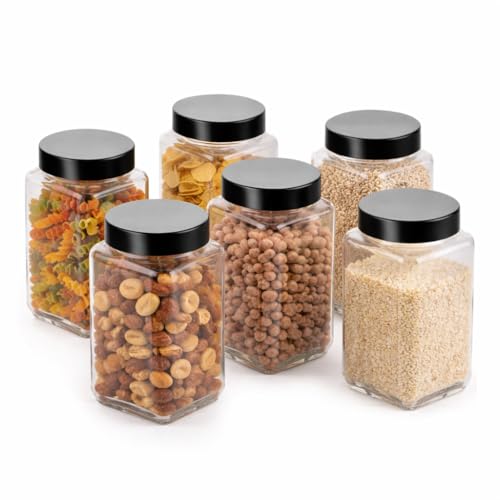 Image of PRAMUKH FASHION Square Shape Glass Jar for Kitchen Masala Storage Ml Set with Airtight Lid Containers Spices Dry Fruits and Pickle Container Pack of (6, Black 1000Ml Cube)