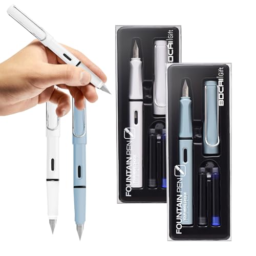 Minging Pluma Estilográfica, 2 juegos de plumas estilográficas Incluye 4 cartuchos de tinta y 2 convertidores de carga de tinta Pluma Estilográfica decuado para escuelas (Blanco+azul brumoso)