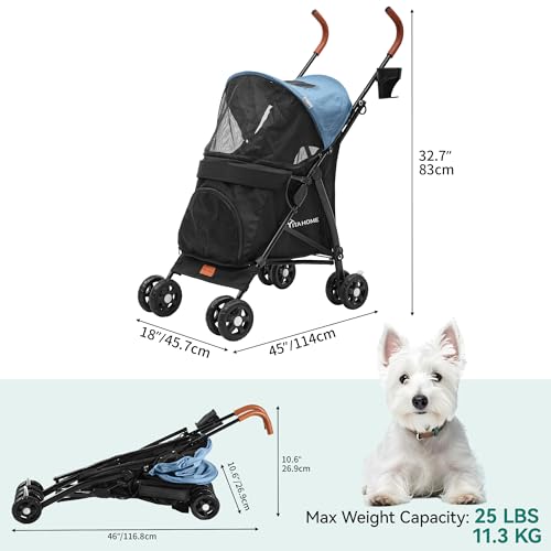 YITAHOME Hundewagen bis 11.3 kg, Tragbarer Hundebuggy, Faltbar klappbar, Haustiere Buggy mit Netzfenstern, Jogger Katzenbuggy für Hunde Katzen, Haustier-Kinderwagen (Blau Schwarz)