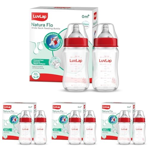 Image of LuvLap Natura Flo Wide Neck Glass Feeding Bottle, New Born /Infants /Toddler Upto 3 Years, BPA Free, Ergonomic Shape is Easy to Hold, with Anti Colic Nipple, Pack of 8, 150ml