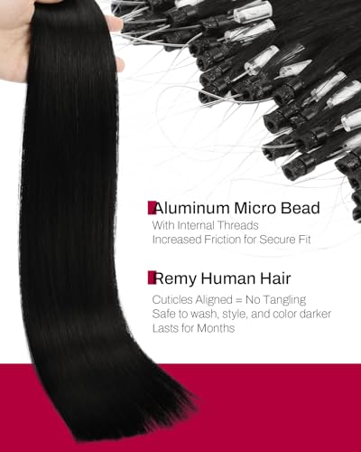 Image of Moresoo Micro Bead Hair Extensions Real Human Hair, Off Black, 20 Inch | 50g 50 strands, no heat no glue, long straight hair, deep black dimension, added length, wedding guest, special occasions
