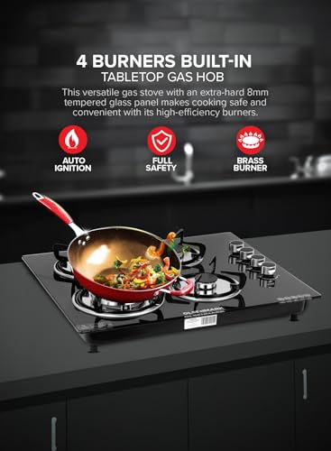 Olsenmark 2 in 1 Built in Gas Hob OMCH1823, 8mm Tempered Glass Top, 4 GAS Brass Burner, Auto Ignition, Thick Pan Support, Bakelite Knobs, Low Gas Consumption