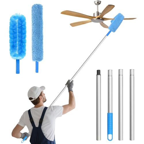 Image of Eunice 13-49.7 Inches Ceiling Fan Duster with Extension Pole, U-Shape and Coral Fleece Heads Adjustable and Removable Fan Cleaner Blade for High Ceiling, Window Door Furniture (Blue)