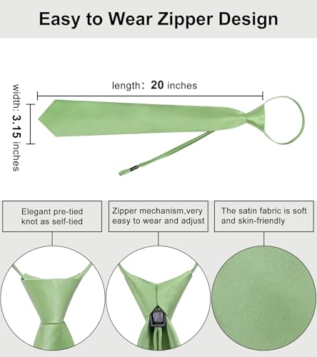 Image of YourTies Zipper Tie for Men Adjustable Pre-tied Satin Neckties and Pocket Square Set Solid Color Business Formal Wedding