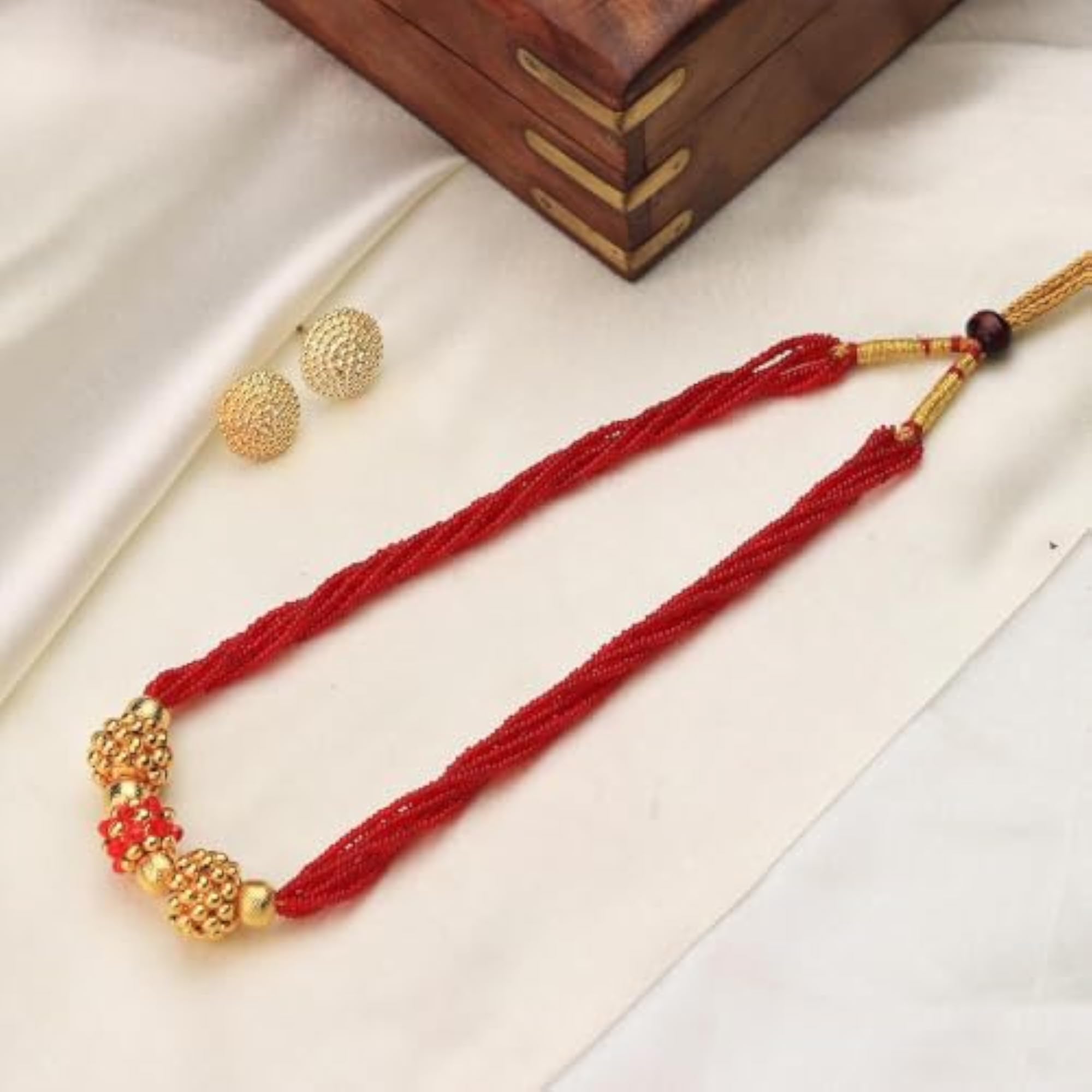 Women's Red Multi-Strand Beaded Gold Necklace & Earrings Set