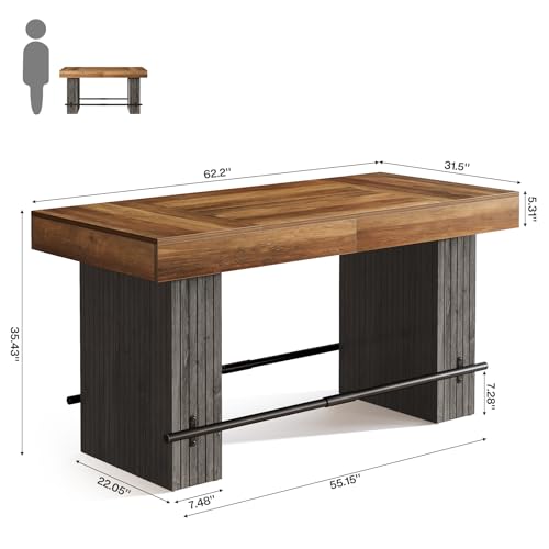Image of Tribesigns 62.2 Inch Bar Table, Industrial Counter Height Pub Dining Table, Rectangular Home Bar Units with Metal Footrest for Home Kitchen, Dining Room, Bistro, Brown and Dark Grey