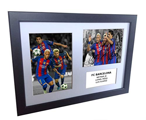 Signed Black Soccer Lionel Messi Neymar Jr Luis Suarez Barcelona Autographed Photo Photographed Picture Frame A4 12x8 Football Gift
