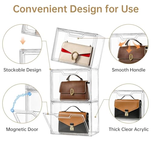 Image of Purse Organizer for Closet,Clear Acrylic Display Case for Handbag Organizer, Purse Storage Box with Magnetic Door, Plastic Storage Bins for Book, Collectibles, Cosmetic (3 Pack)