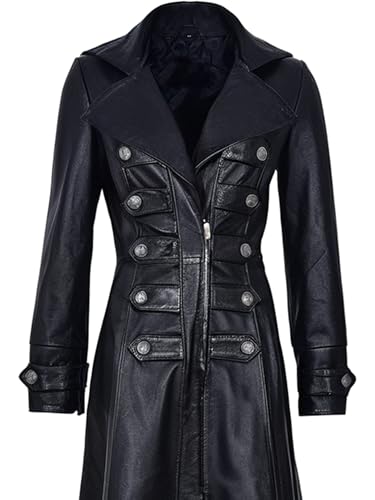 Ladies Black Genuine Leather Trench Coat - Full Length Gothic Rock Style Double Breasted Overcoat2