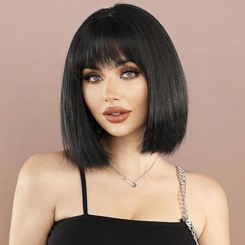 Colorful panda Perruque Noire courte Bob droite avec frange pour femme, perruques de cheveux raides naturels brésiliens synthétiques résistants à la...