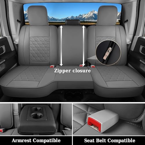 Image of Coverado Dodge Ram Seat Cover Full Set, Waterproof Ram 1500 Seat Cover Compatible with 2002-2026 Dodge RAM 1500 2500 3500 Crew Quad Cab with Curved Bench, Dark Gray