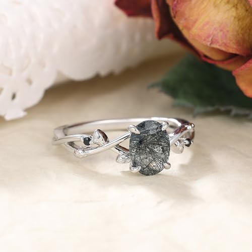 Art Deco Natural Moss Agate Ring for Women 925 Sterling Silver Black Rutilated Quartz Gemstone Wedding Engagement Promise Ring for Her Size 4-93