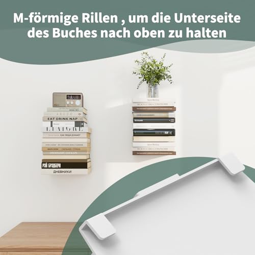 Mefirt Unsichtbare Bücherregale, 6 Stöckiger Vertikaler Bücherturm, Schwebendes Bücherregal für die Wand, Verstecktes Bücherregal aus Metall für das Schlafzimmer, Dekoration im Heimbüro, 3er Set, Weiß