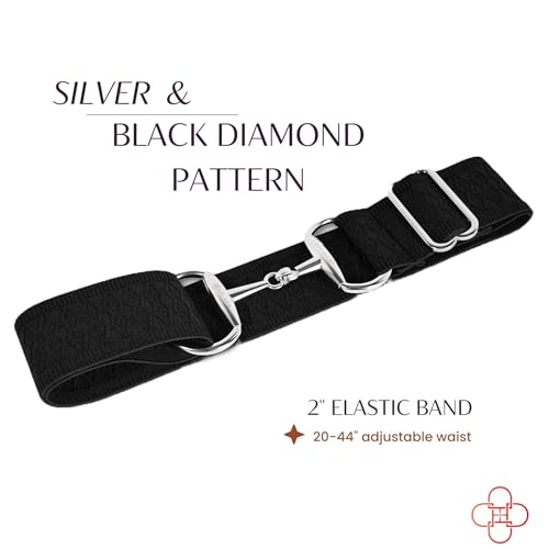 2-Inch Elastic Equestrian Belt Silver Snaffle Bit Buckle, Comfortable and Stretchable Horse Riding Accessory (Silver Buckle, Black Diamond Pattern Elastic Belt - 2 inch)2