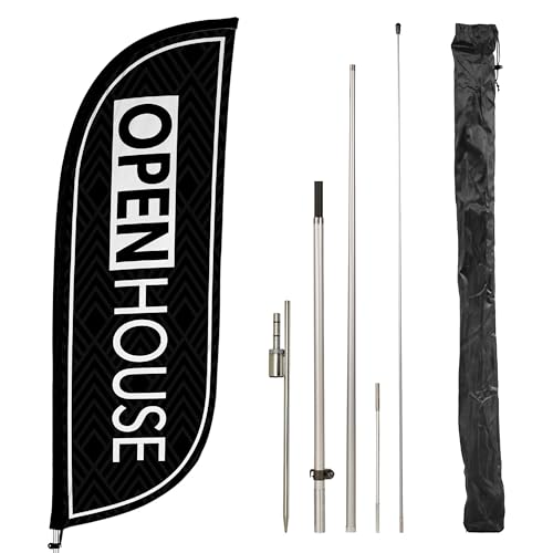 LookOurWay Feather Flag Pole Kit - 9 Feet Tall Advertising Banner with Fiberglass Pole Set and Ground Spike for Business Promotion - Open House - Black/White
