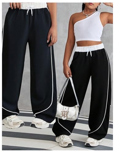 Verdusa Girl's Striped Wide Leg Athletic Pants Streetwear Loose Drawstring Waist Trousers3
