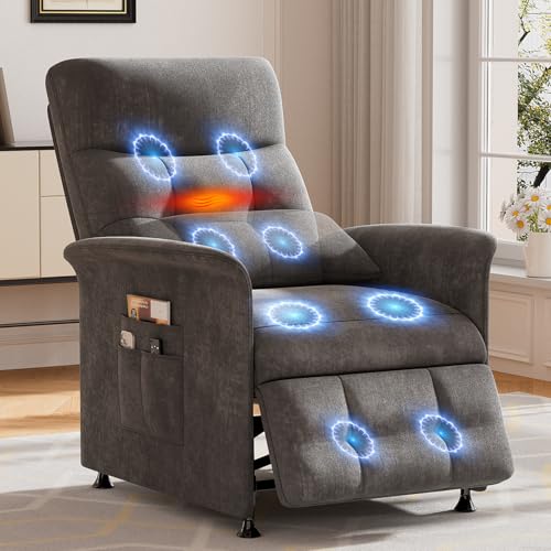 LegacyAmerhome Power Recliner Chair for Adults with Heat & Massage - Soft Fabric Electric Reclining Sofa with Remote Control, 180° Lay Sleeper 3 Side Pockets for Living Room Home Theater, Dark Grey