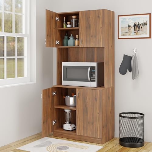 Image of VIKI Furniture | Kitchen Cabinet - 5 Tier Unit with Doors & Open Shelves, Organizer for Kitchen, Bedroom, Hallway & Living Room (Brussel Walnut - 40D x 80W x 180H cm) | 1 Year Warranty