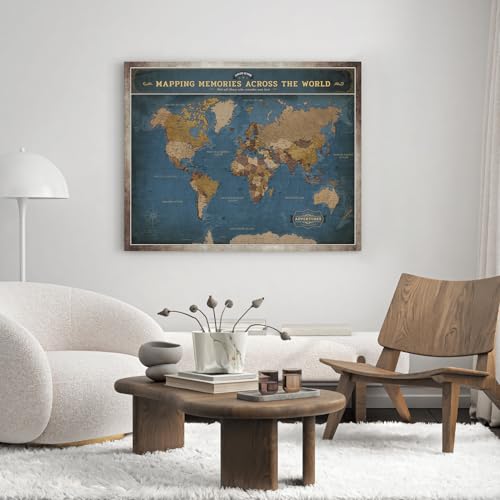 Image of DECORARTS - Large World Travel Map with Pins, Pin Board Canvas Wall Art, Modern Navy Blue Maps for Wall Decor, Giclee Print on Canvas, Handcrafted in USA, 35x28''