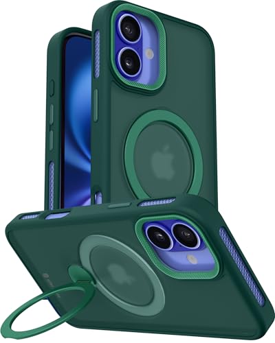 Image of eller sante Maximus Back Cover Case for iPhone 16 Plus with Magnetic Alloy Ring Metal Kickstand Camera Protector TPU Shockproof 10ft Drop Protection Compatible with Mag-Safe- Green