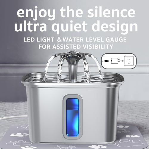 Image of Veken Innovation Award Winner Stainless Steel Cat Water Fountain, 108oz /3.2L Automatic Pet Fountain Dog Water Dispenser with 3 Replacement Filters & Silicone Mat, Gifts for Cats, Dogs (Silver)