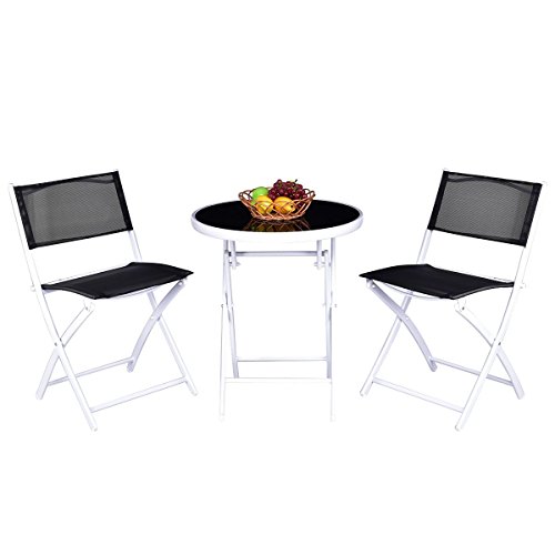 Giantex Bistro Table Set, 3 Piece Patio Bistro Set, Outdoor Folding Table And Chairs, Foldable Patio Dining Set, Porch Furniture Set Garden Backyard Metal Frame No Assembly, Black #TOP10