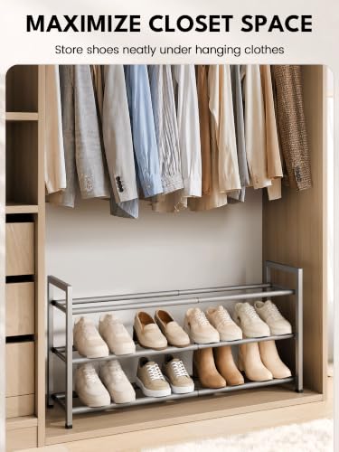 Image of Bumusty 3-Tier Expandable Shoe Rack for Closet, 18 inch-33 inch Adjustable Shoe Rack for Small Space, Small Shoe Organizer for Front Door, Sturdy Metal, Light Grey