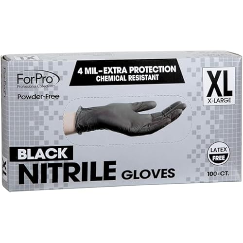 ForPro Professional Collection Disposable Nitrile Gloves, Chemical Resistant, Powder-Free, Latex-Free, Non-Sterile, Food Safe, 4 Mil, Black, X-Large, 100-Count