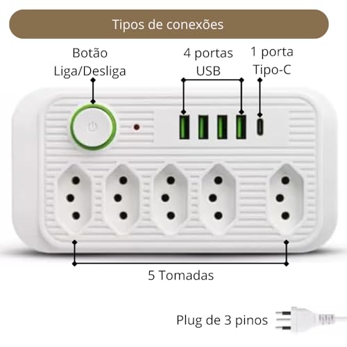 Filtro de Linha Extensão 5 Tomadas 4 Entradas USB 1 Porta Tipo Cabo de Alimentação 2 Metros Tensão d