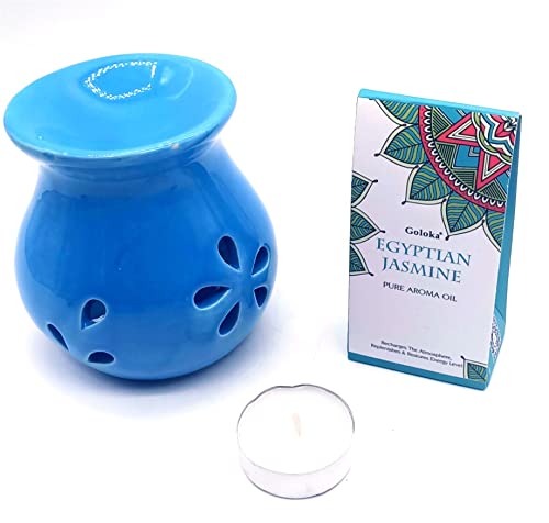 CRIGEMA - Juego de aceite esencial Goloka Musgo Blanco Himalaya, quemador de esencias de cerámica y vela Tealight (jazmín egipcio)