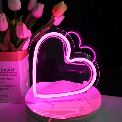 Image of Britrio Pink Heart Neon Sign Home Decor, 2 Pcs Neon Heart Light LED Wall Decoration Night Light for Girl Dorm Bedroom Wedding Birthday Party Decor Mothers Day Gift Battery Operated or USB Powered