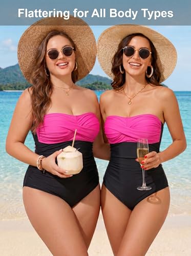 Image of Smismivo Tummy Control Swimwear Strapless One Piece Swimsuit Ruched Bathing Suits for Women Slimming Bandeau Tube Top Bikini