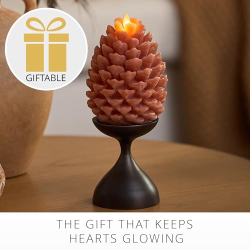 Image of Luminara Flameless Candle 3.9 inchx4.3 inch Battery Operated with Timer Real Wax Unscented LED Pinecone Caramel Cafe Chalky Finish Pine Cone Figural Holiday Decoration Rustic Centerpiece Table Decor