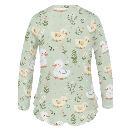 Cartoon Duck on Light Green Background Girls Long Sleeve Swimsuit Rash Guard One Piece Bathing Suits Zipper 3-12T3