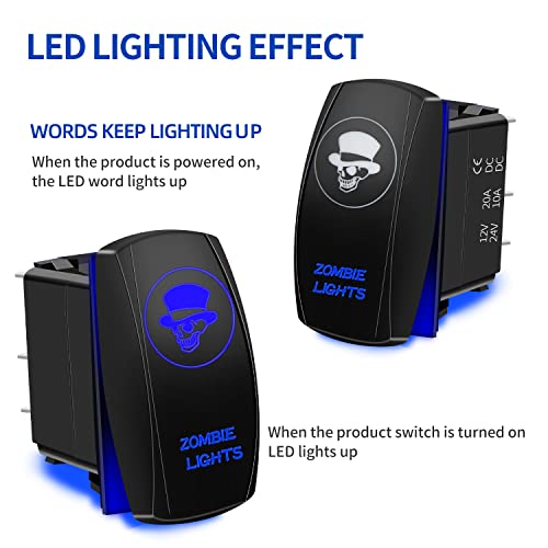 FABOOD F Waterproof 5 Pin Zombie Lights Rocker Switch Laser SPST ON/Off Two LED Backlit Blue Light 20A 12V for Auto Automotive Motorcycle Truck Boat Marine Off-Road ATV - Thumbnail 3