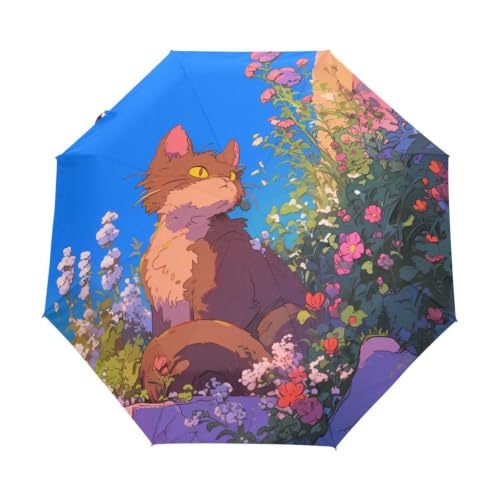 Parapluie automatique coupe-vent pliable motif chat brun résistant aux tempêtes