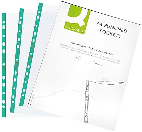Q-Connect Delux Punched Pocket Top Opening Green Strip A4 Clear (Pack of 100)