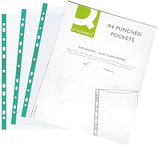 Q-Connect Delux Punched Pocket Top Opening Green Strip A4 Clear (Pack of 100)