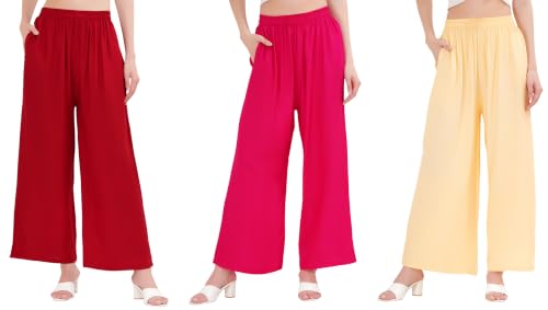 Image of Buy That Trendz Palazzo Pants for Women Rayon Elasticated Regular Fit Flared Wide Leg M to 6XL Pack of 3