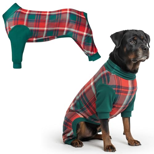 Image of Spark Paws Dog Christmas Pajama, Dog Recovery Suit Male, Onesie, Ultra-Soft and 4-Way Stretch, for Small Medium and Large Breeds - Green and Red Plaid - 4XL