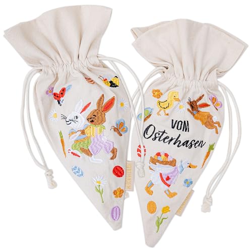 Papierdrachen 2 Geschenkbeutel Osterhasenwelt - Geschenkverpackung - mit Bestickung - Ostern - robust - Osternest - Tasche zum Dekorieren und Befüllen