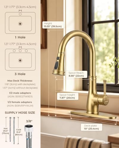 Image of WEWE Brushed Gold Kitchen Faucet with Pull Down Sprayer, Champagne Bronze Copper Single Handle Single Hole Kitchen Sink Faucet