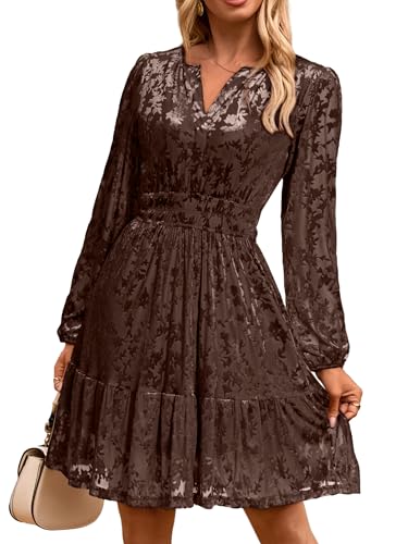 Simplee Womens Velvet Dress 2025 Fall Cocktail Long Sleeve Empire V Neck Wedding Guest Holiday Mini Dresses with Pockets