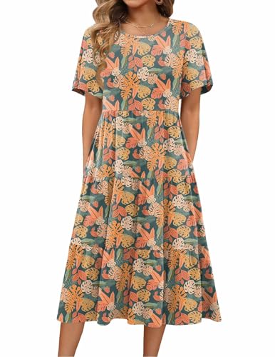 Zeagoo Women's Summer Round Neck Short Sleeve Floral High Waist ...