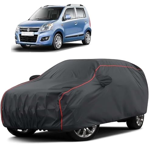 Image of Sulfar 100% Water Resistant Car Body Cover Compatible with Mirror for Maruti Suzuki New Wagonr (2010 (Triple Stitched, Full Bottom Elastic, Dark Grey Taffeta with Red Piping)